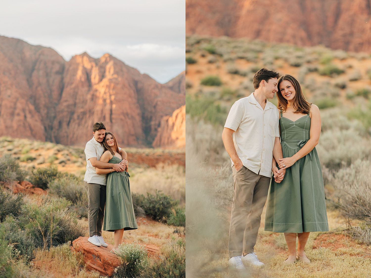 Couple embracing in desert landscape with red rock formations and green sagebrush at golden hour.