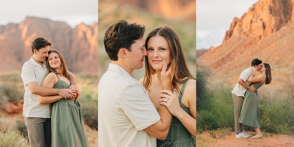 Couple embraces during golden hour engagement photos in a desert canyon with red rock formations.