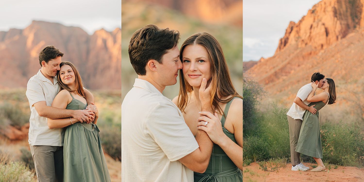 Couple embraces during golden hour engagement photos in a desert canyon with red rock formations.