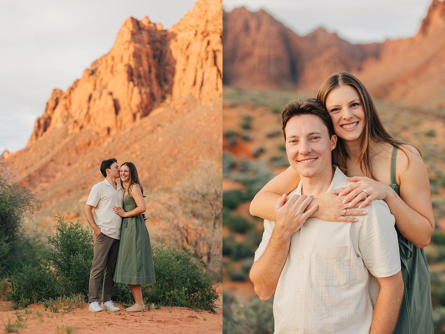 Couple embracing at golden hour near red rock formations in the desert, wearing green and white outfits.