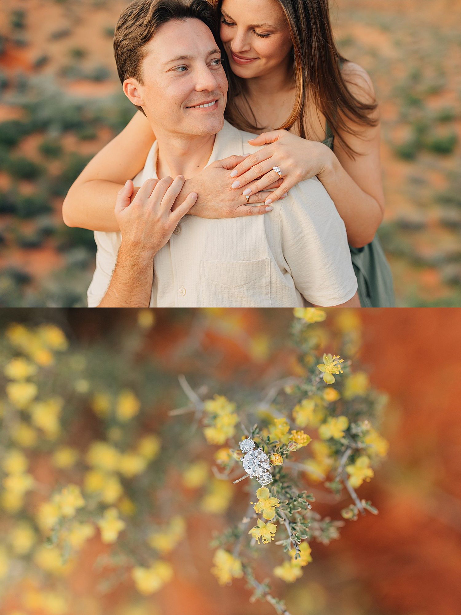 Happy couple embracing outdoors during golden hour with woman hugging man from behind in autumn setting.