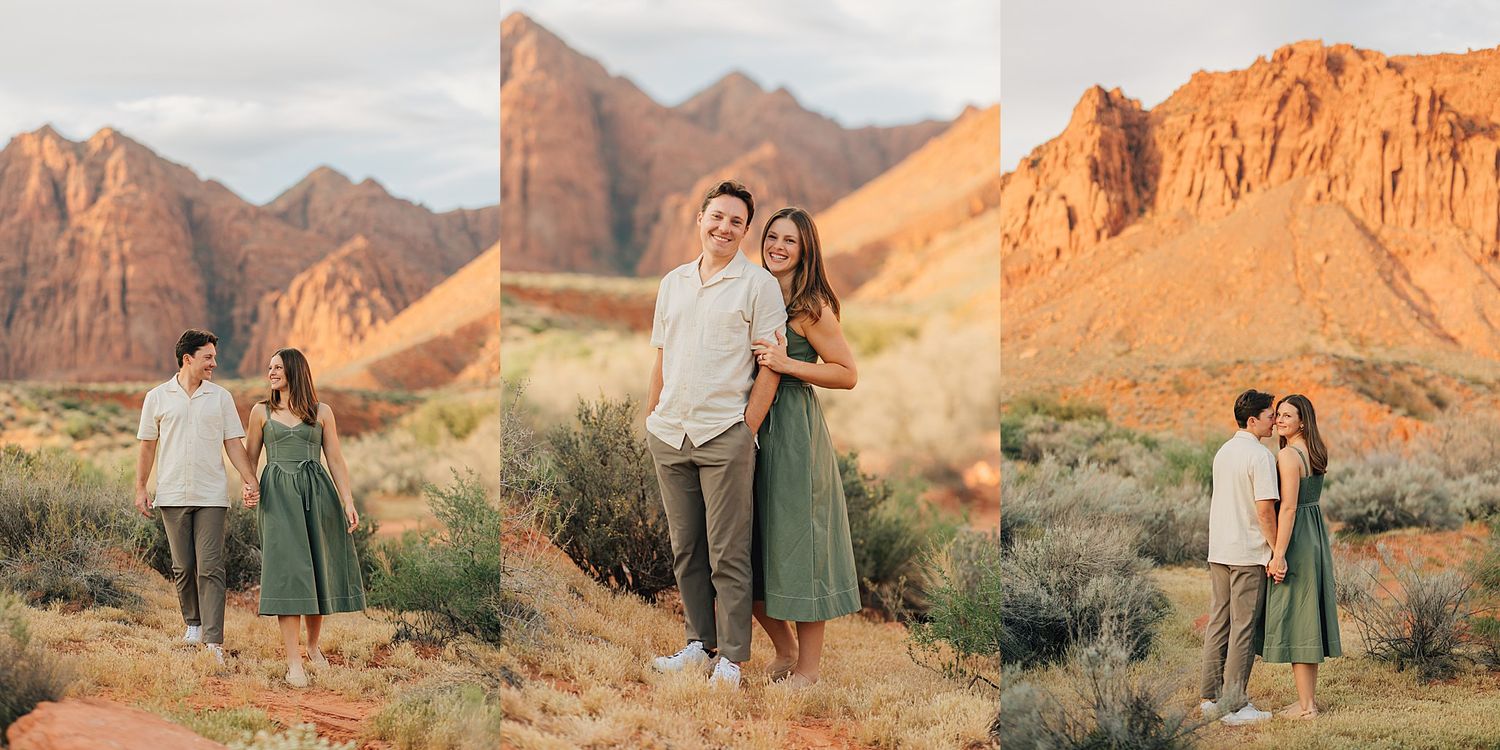 Couple poses together in front of stunning red rock desert mountains during golden hour engagement photo session.
