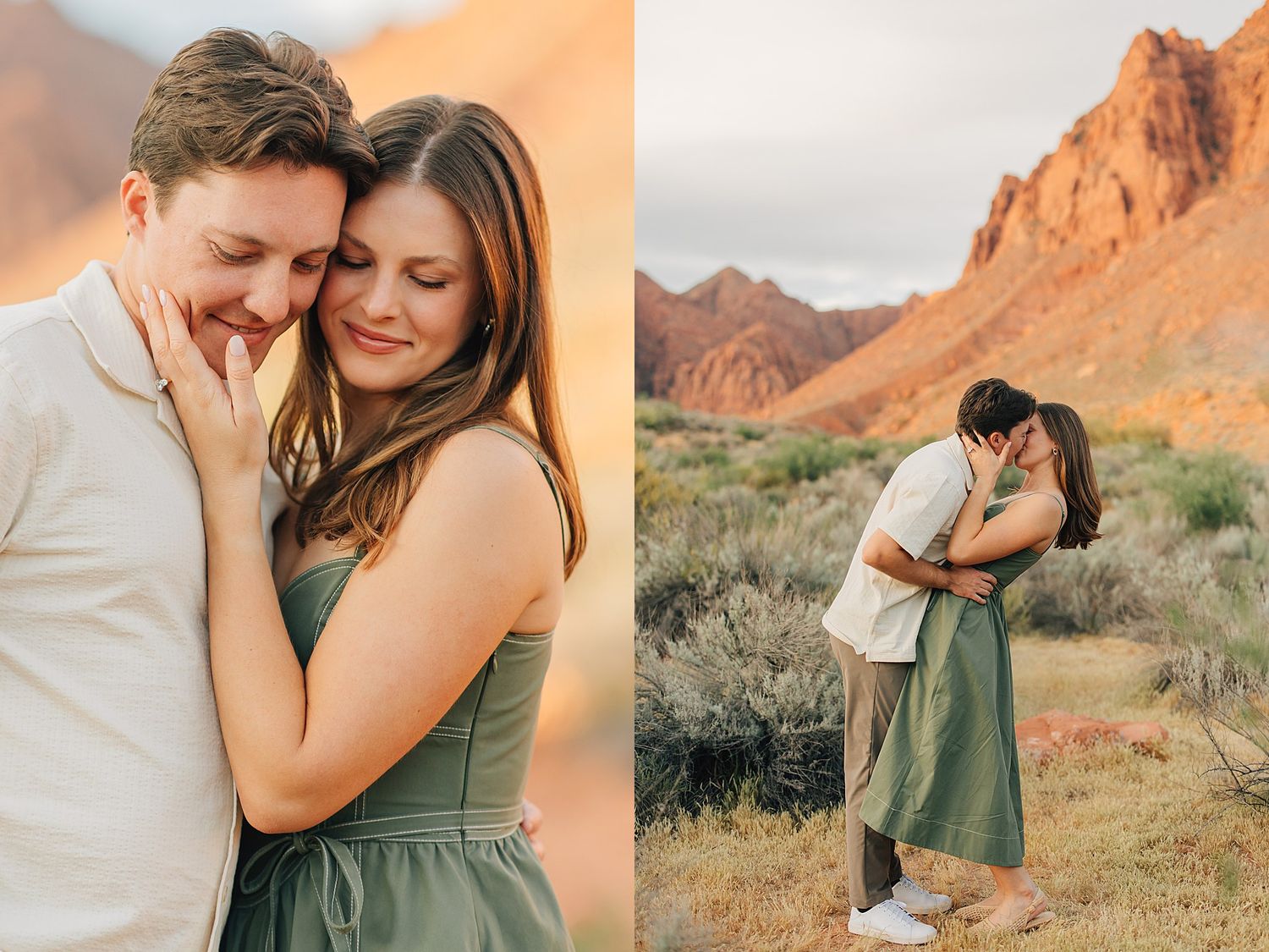 Couple embracing tenderly in a desert landscape with red rock formations, wearing casual green and white outfits.
