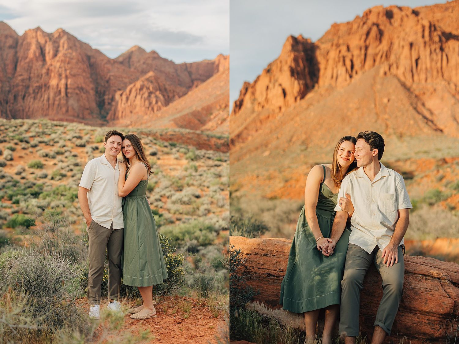 Couple smiling together in front of red rock mountains in a desert landscape during golden hour.