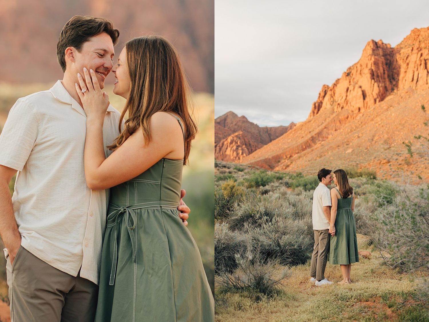 Couple shares a romantic kiss during golden hour engagement photos in a desert landscape with red rock formations.