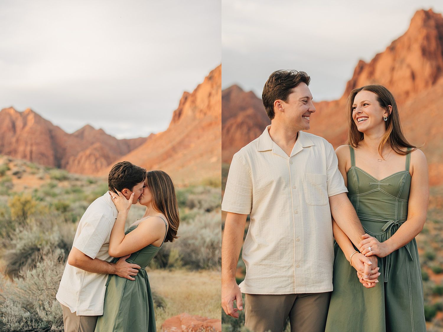 Couple embracing and laughing in front of red rock formations in a desert landscape during golden hour.