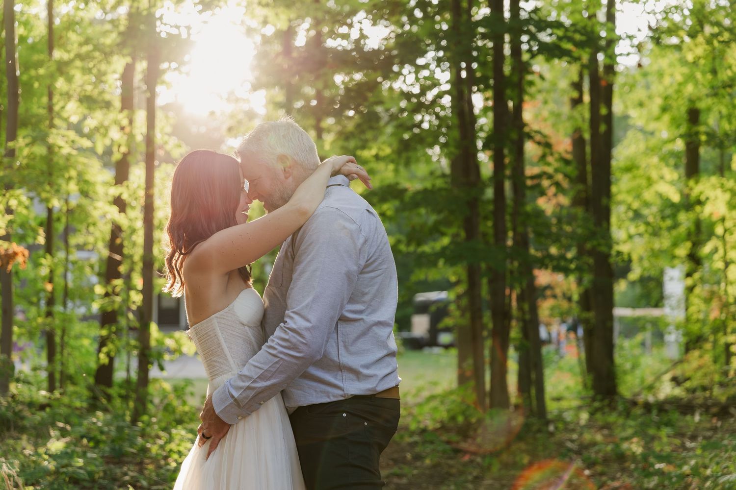 Natural wedding photo of bride and groom during sunset on their wedding day near woodstock, ontario.
