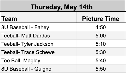 Baseball and softball team photo schedule with time slots organized by team name.