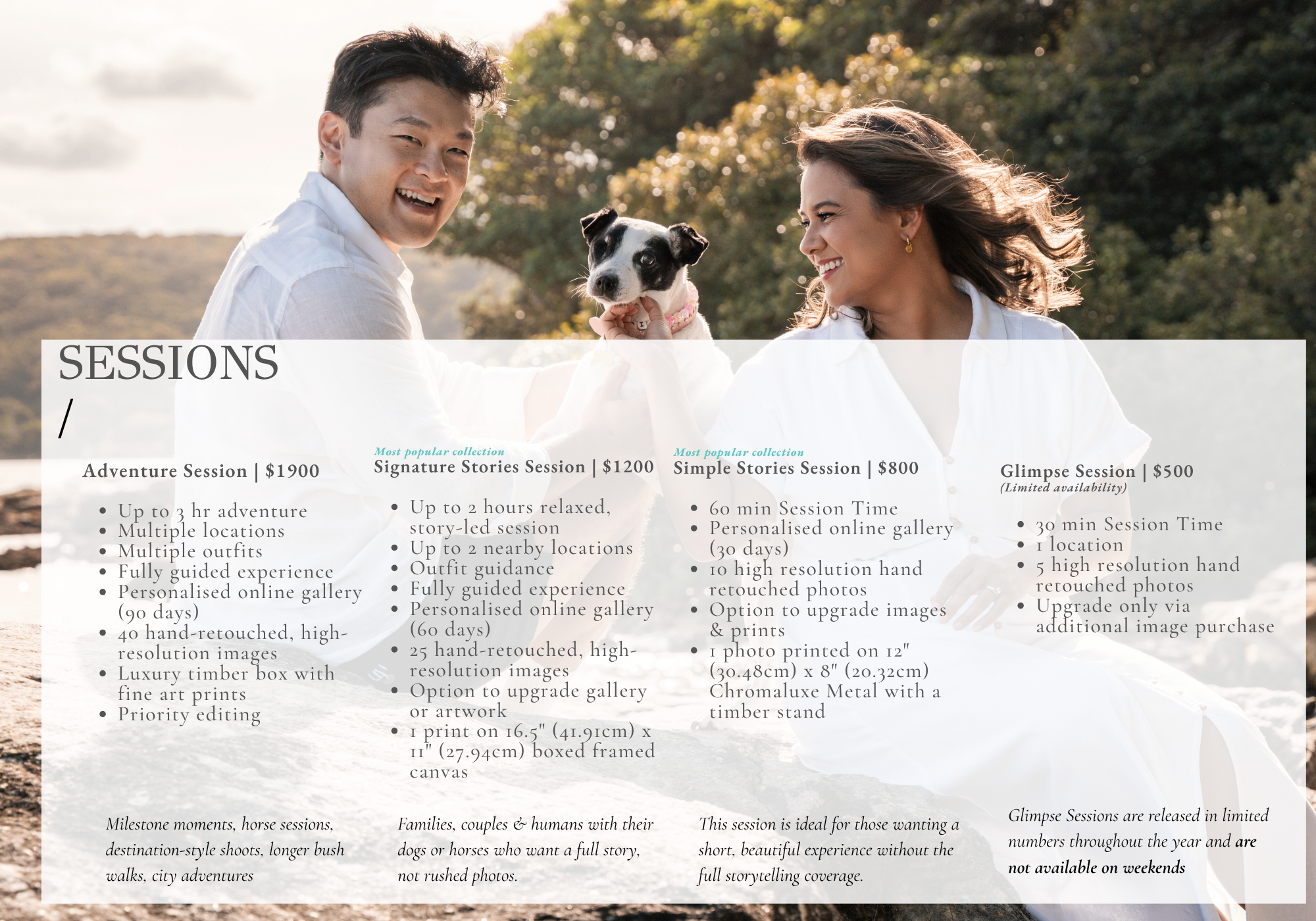 Photography packages and session pricing menu with bridge backdrop.