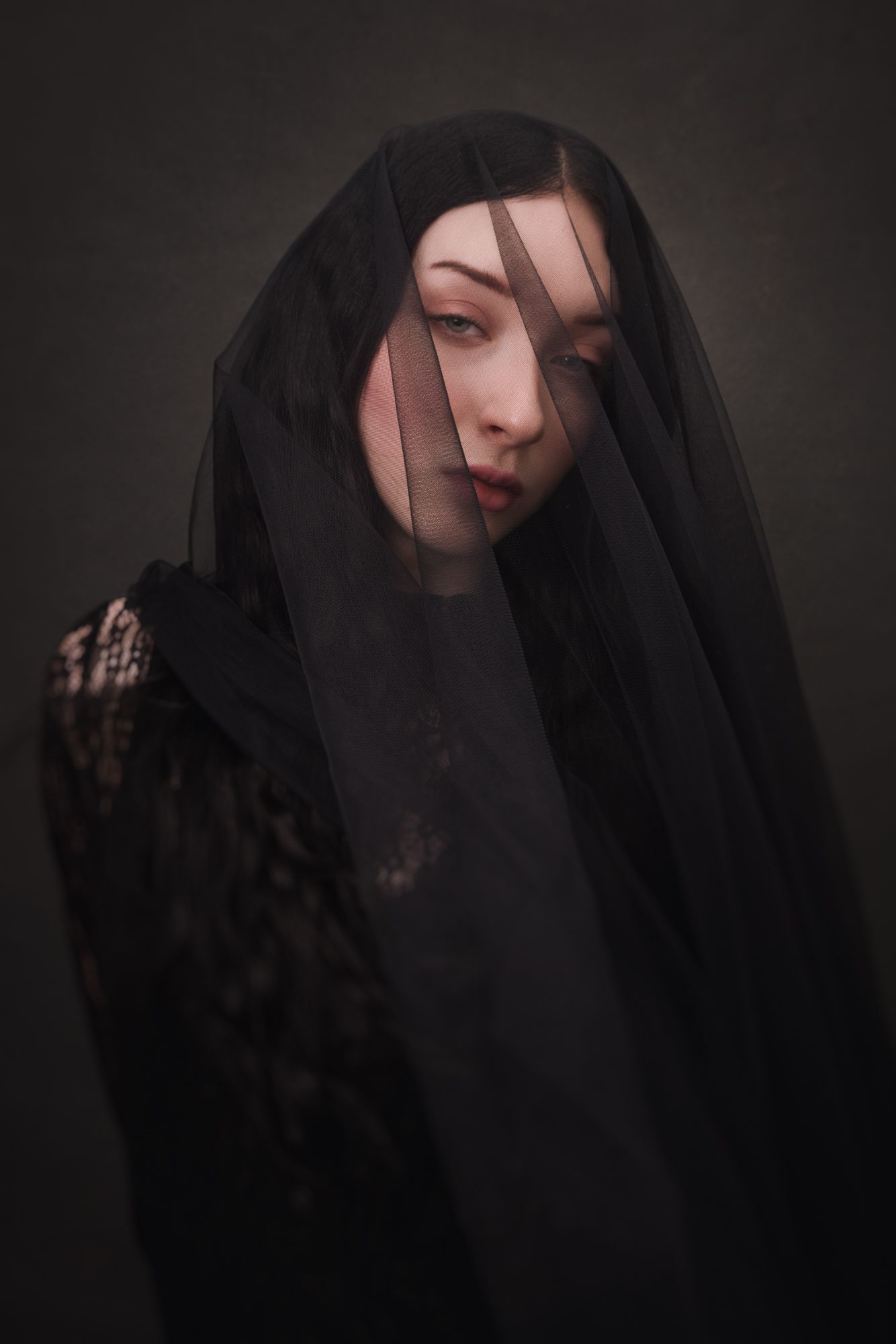 A mysterious woman draped in a sheer black veil, her face partially visible through the translucent fabric.