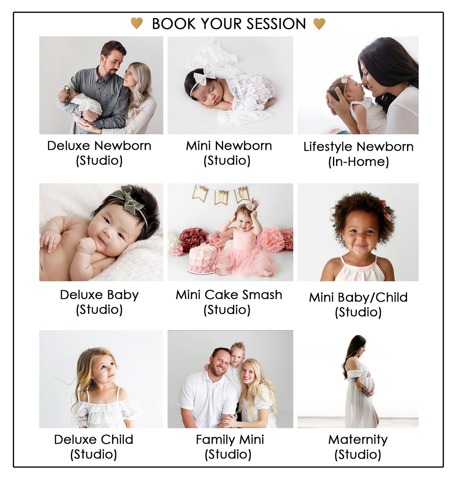 Emily Menzie Photography session options including newborn, baby, child, family, and maternity photoshoots in Menifee.