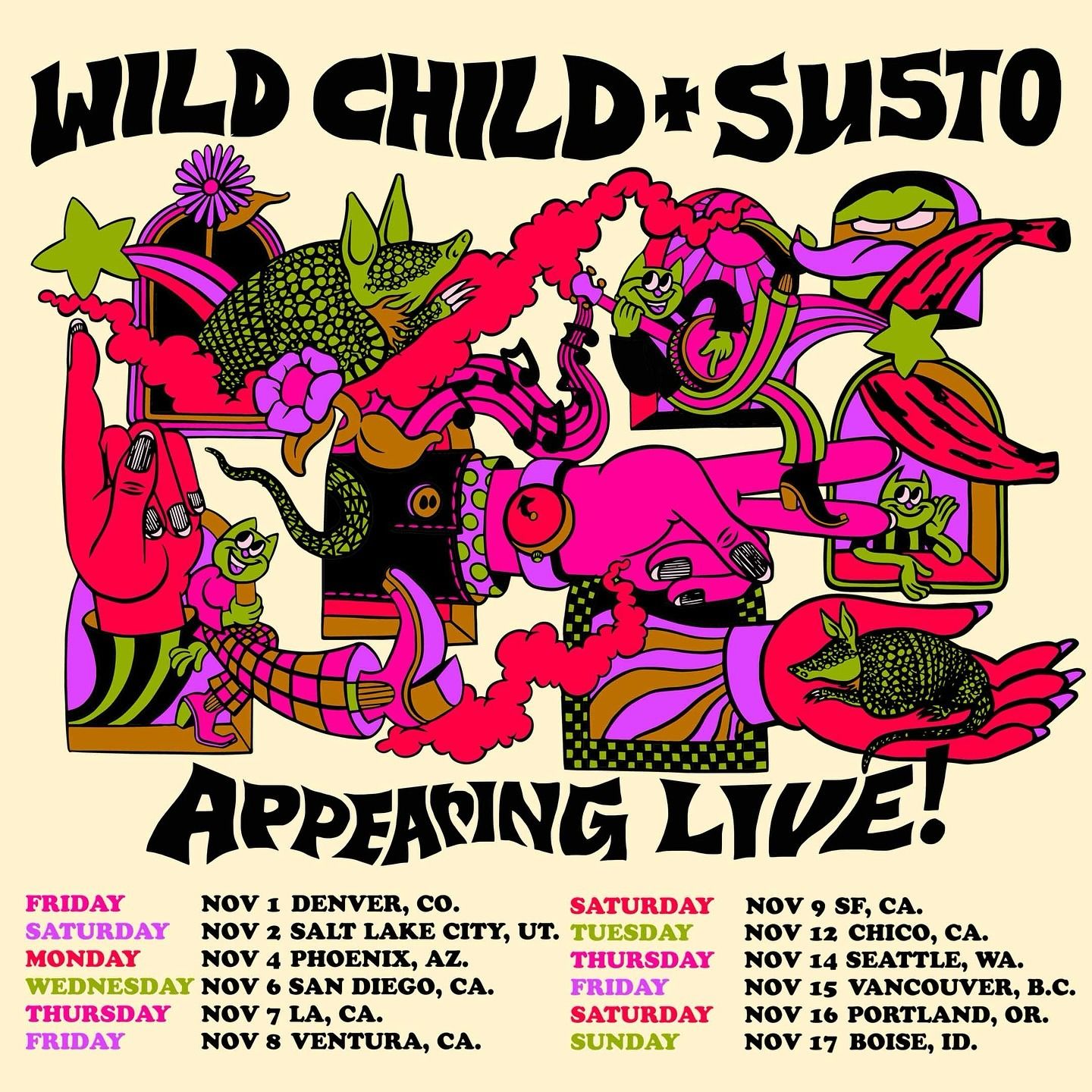 Psychedelic concert poster features wild cartoon characters in pink and green with tour dates for Wild Child and Susto shows.