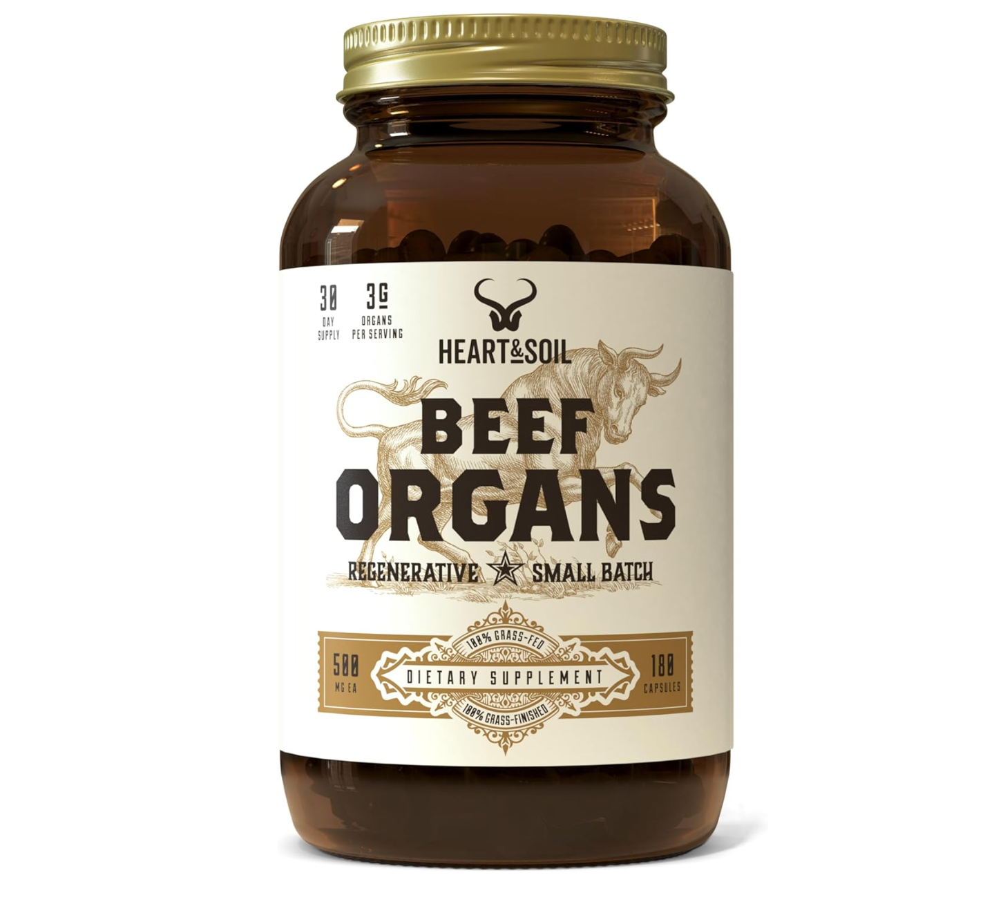 Glass bottle of Heart & Soil Beef Organs supplement with brown and gold label design.