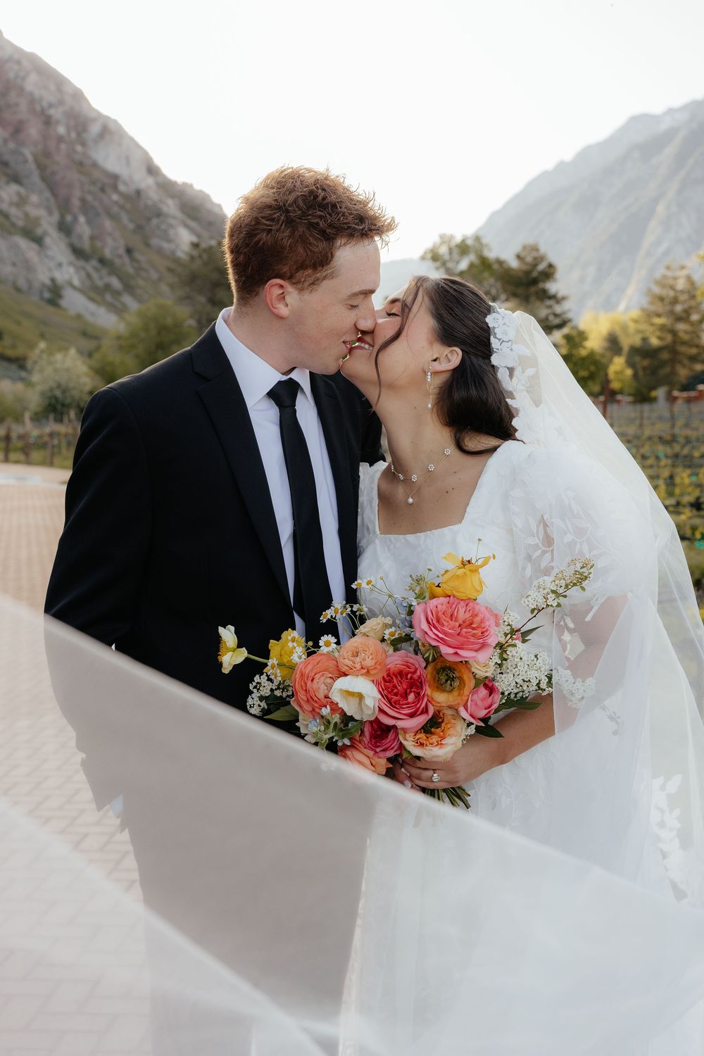 A bride and groom share a romantic kiss outdoors in a vineyard, veil blowing in the wind.
