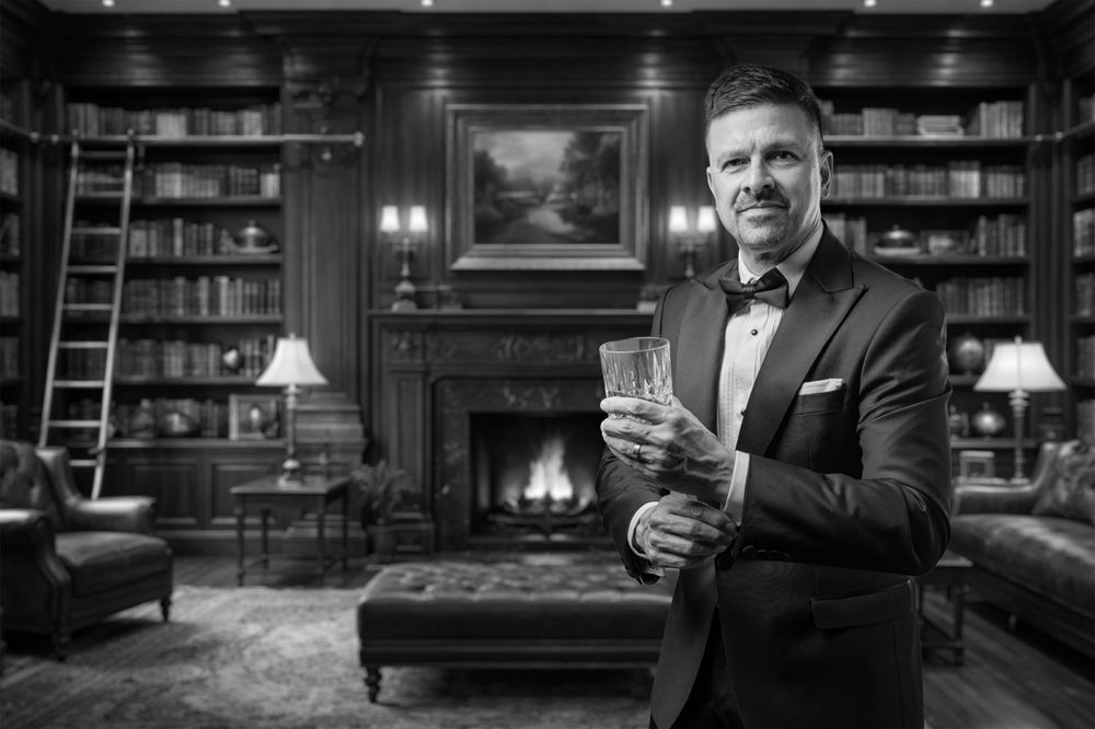 Man in tuxedo holding whiskey glass in elegant library with fireplace and bookshelves, black and white photo.