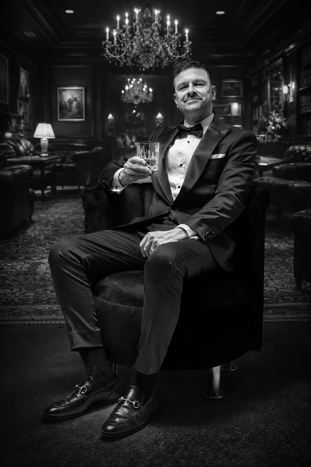 Elegant man in tuxedo holding whiskey glass seated in luxury lounge with chandelier, black and white portrait.