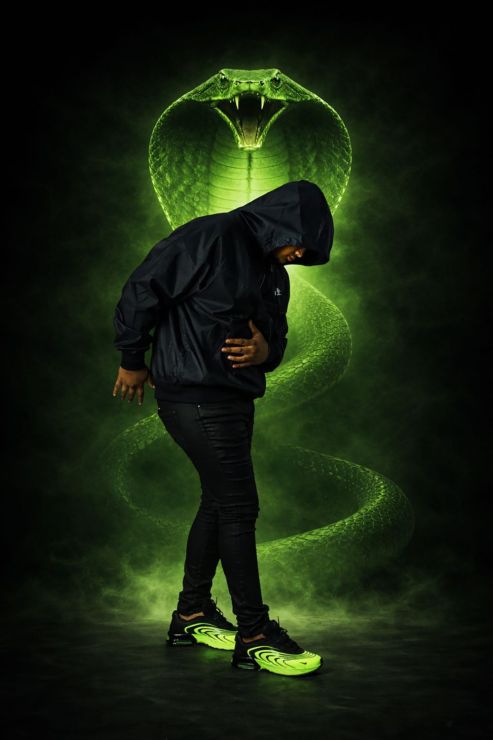 A hooded figure in black stands before a glowing green cobra snake in a dark, dramatic digital art composition.