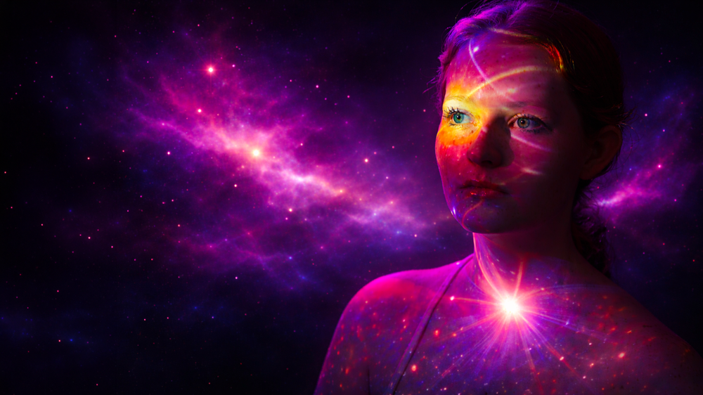 A person with colorful UV body paint glowing against a vibrant cosmic galaxy background with stars and nebula.