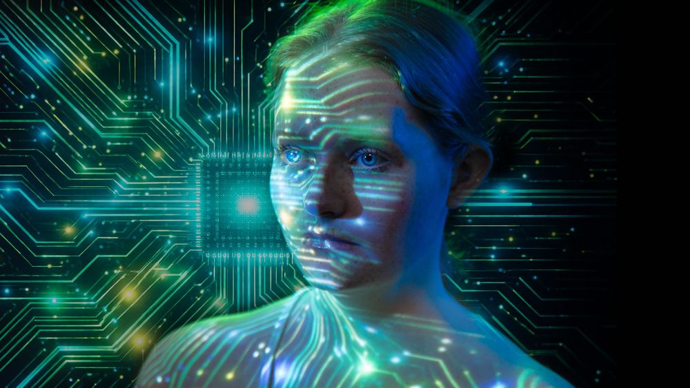 A woman with glowing circuit board patterns on her skin and face, symbolizing AI and futuristic technology.