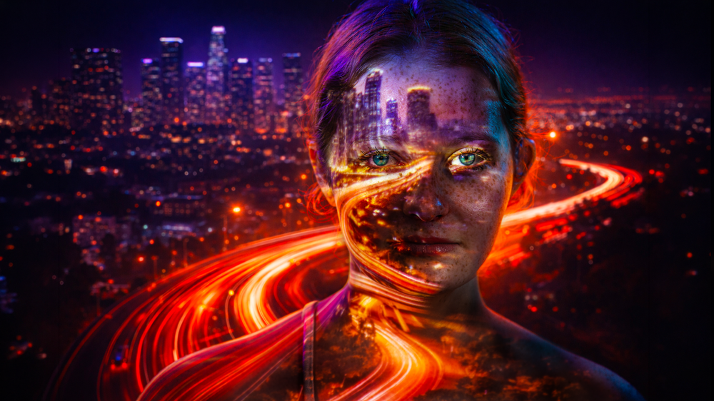 A surreal double exposure portrait blending a woman's face with a glowing cityscape and vibrant light trails at night.