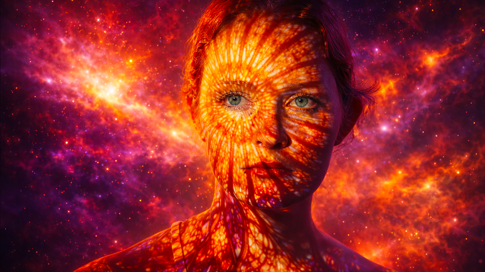 A woman's face blends with a cosmic nebula, featuring swirling orange and red galaxy patterns in a surreal digital art piece.
