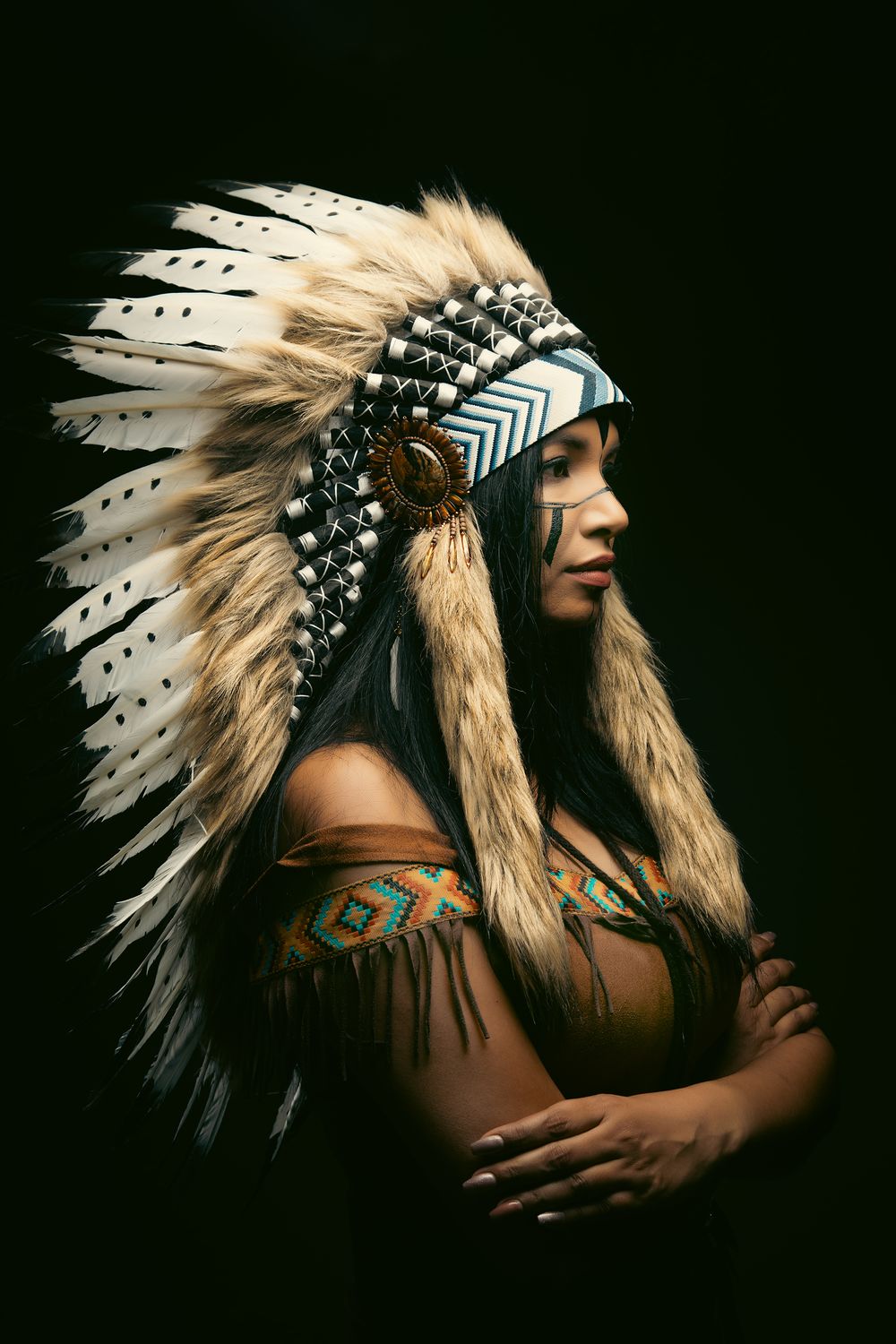 Traditional Native American headdress with white and black feathers against dark background creates dramatic profile silhouette.