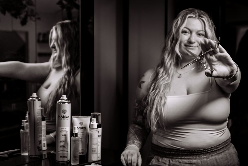 Artistic black and white diptych showing salon styling session with hair products.