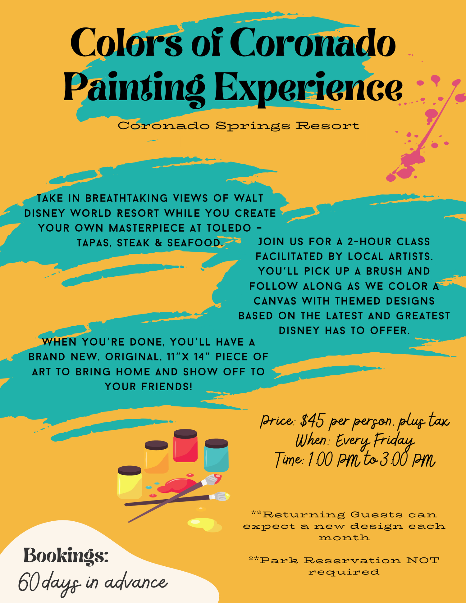 Art class promotional poster for Colors of Coronado painting experience with paint supplies illustration.