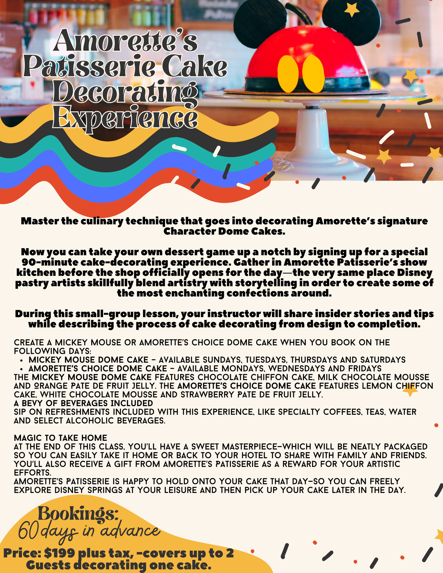 Mickey Mouse-themed cake decorating experience advertised on promotional poster with colorful wavy design elements.
