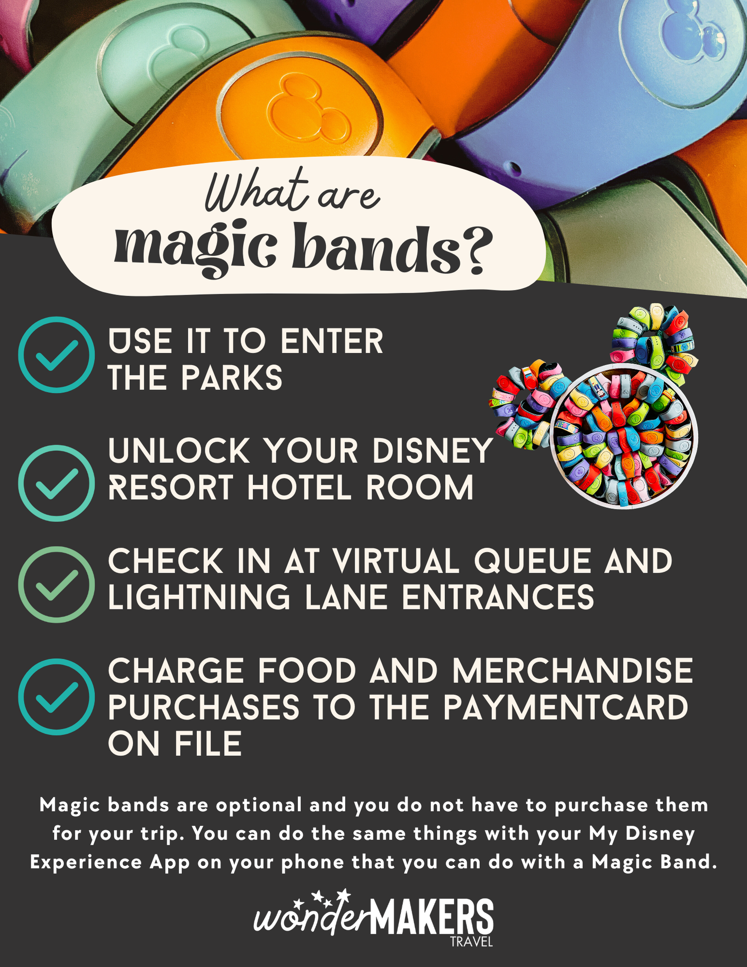 Infographic showing four key features of Disney Magic Bands with colorful band illustrations.