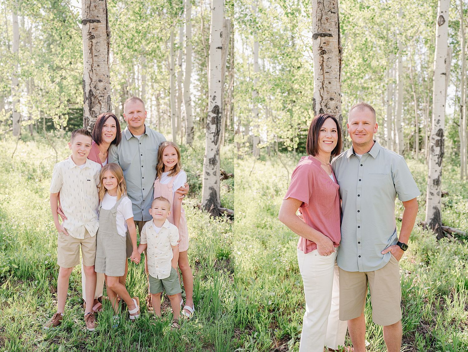 Outdoor family portrait session in an aspen grove with casual clothing and natural lighting.