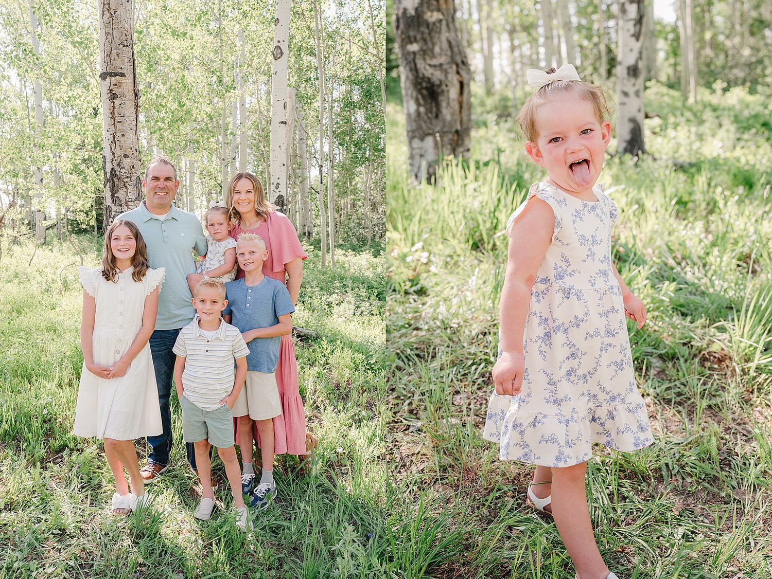 A family enjoys a sunny photoshoot together in a wooded outdoor setting with natural greenery.