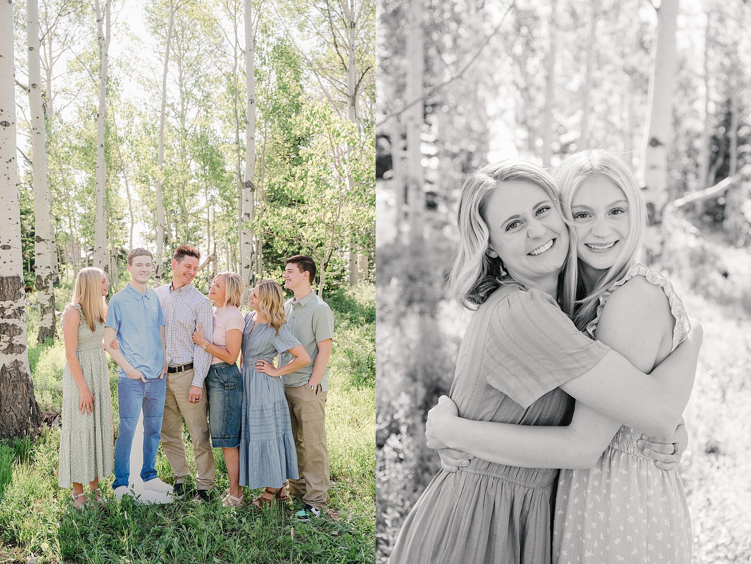 Group in coordinating blue and pastel outfits posing together in a sunlit aspen grove.