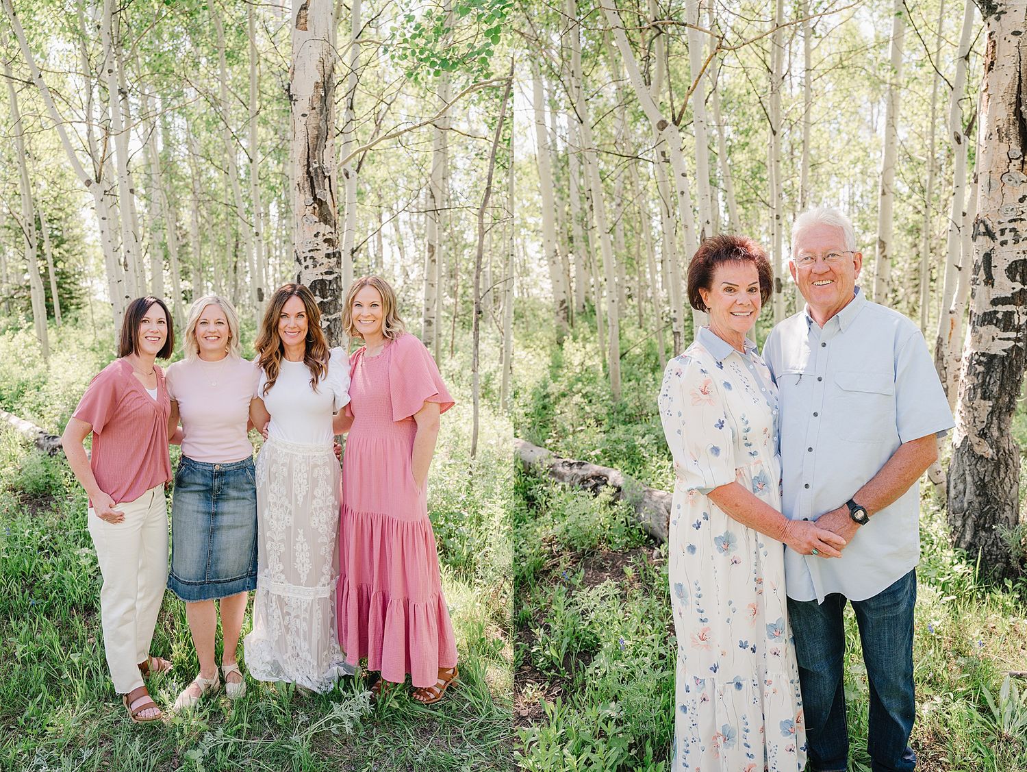 A group poses together in a serene birch forest setting wearing coordinated pink and white outfits on a sunny day.