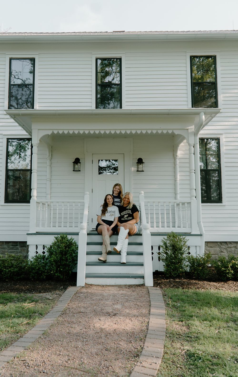 Six sequential photos showing someone sitting on a white farmhouse porch with a sloped walkway to the front door.