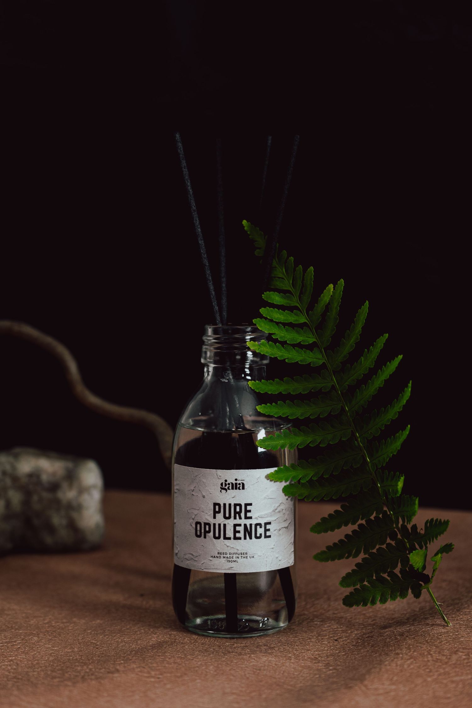 a product photo of a reed diffuser, large green fern and natural props on a sand coloured background