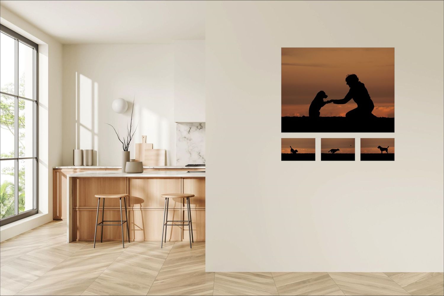 Minimalist modern kitchen with wooden counter and silhouette dog artwork on wall.