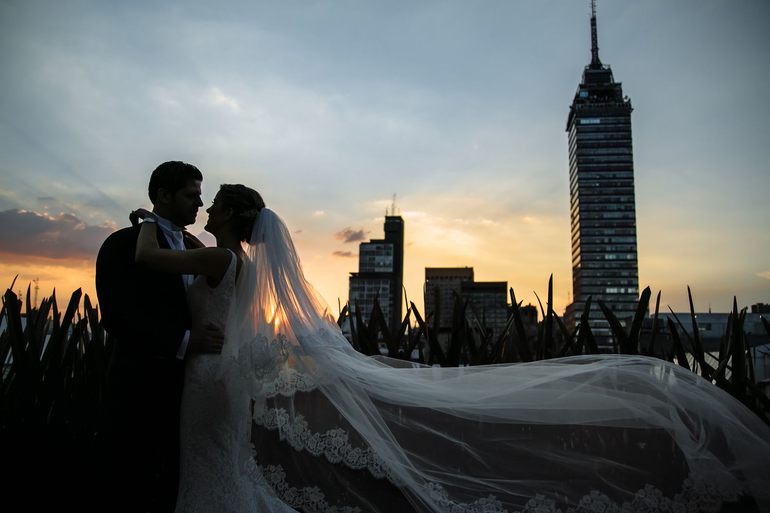 City skyline silhouettes create dramatic backdrop for wedding photos at sunset.