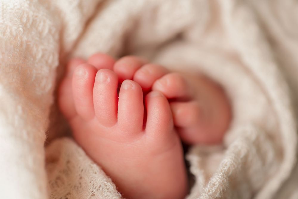Close-up detail of tiny newborn fingers and toes on white textured blanket.