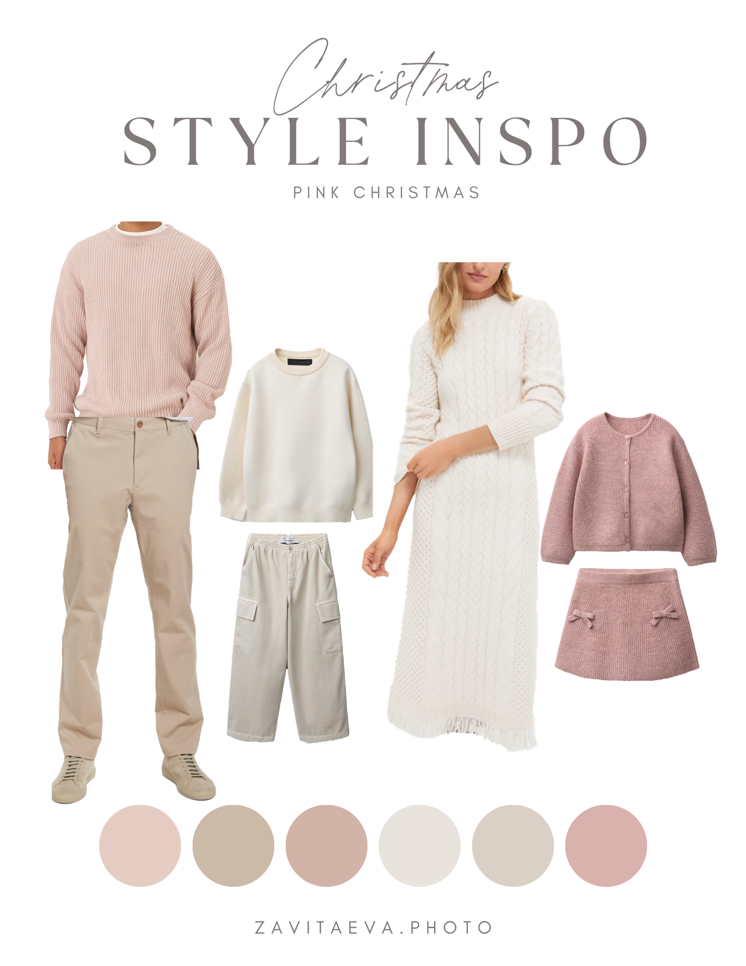 Neutral pink and cream colored fashion mood board showing coordinated winter outfits and cozy knit pieces.