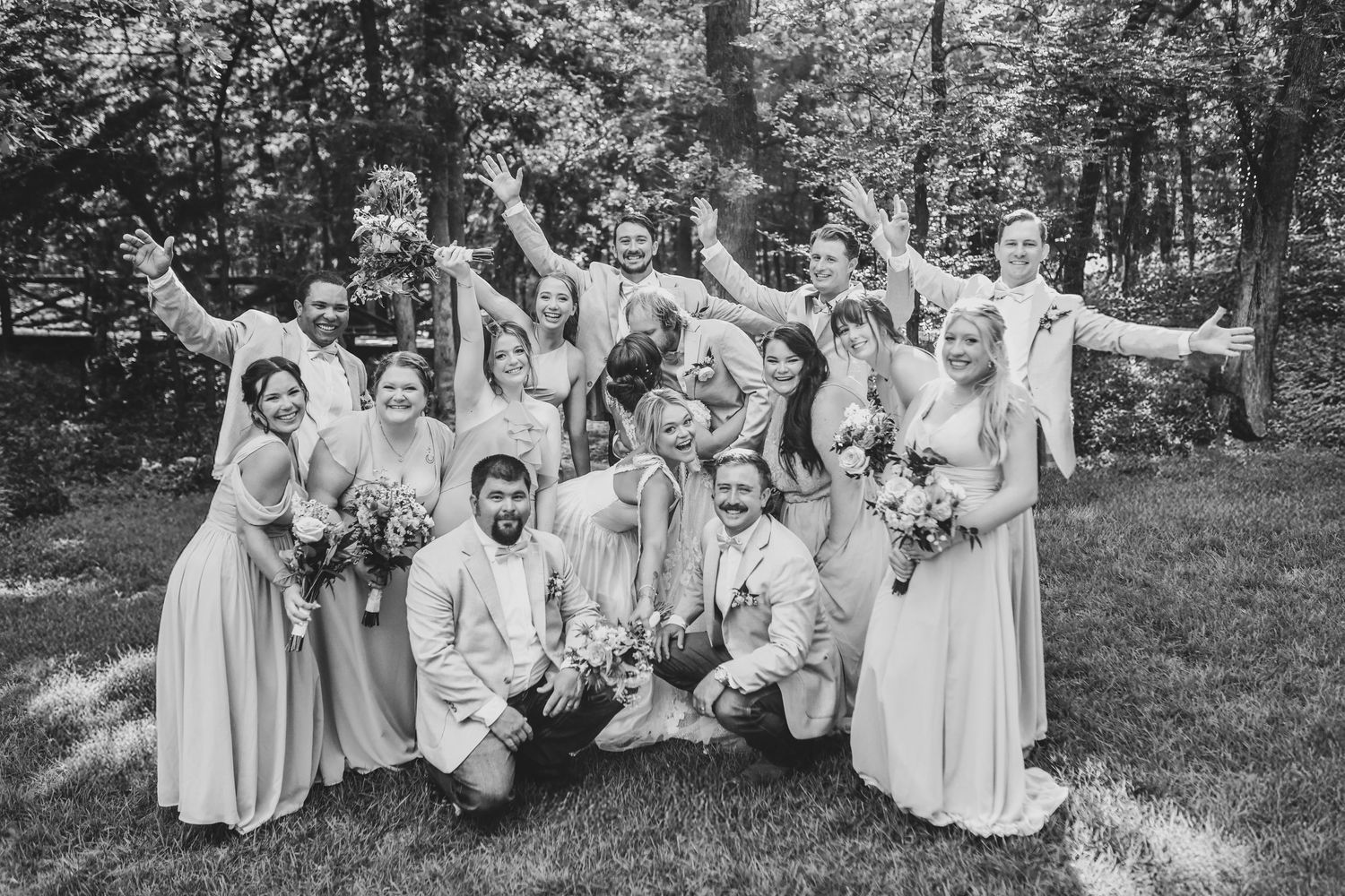 Fun bridal party photos at Whispering Oaks wedding venue