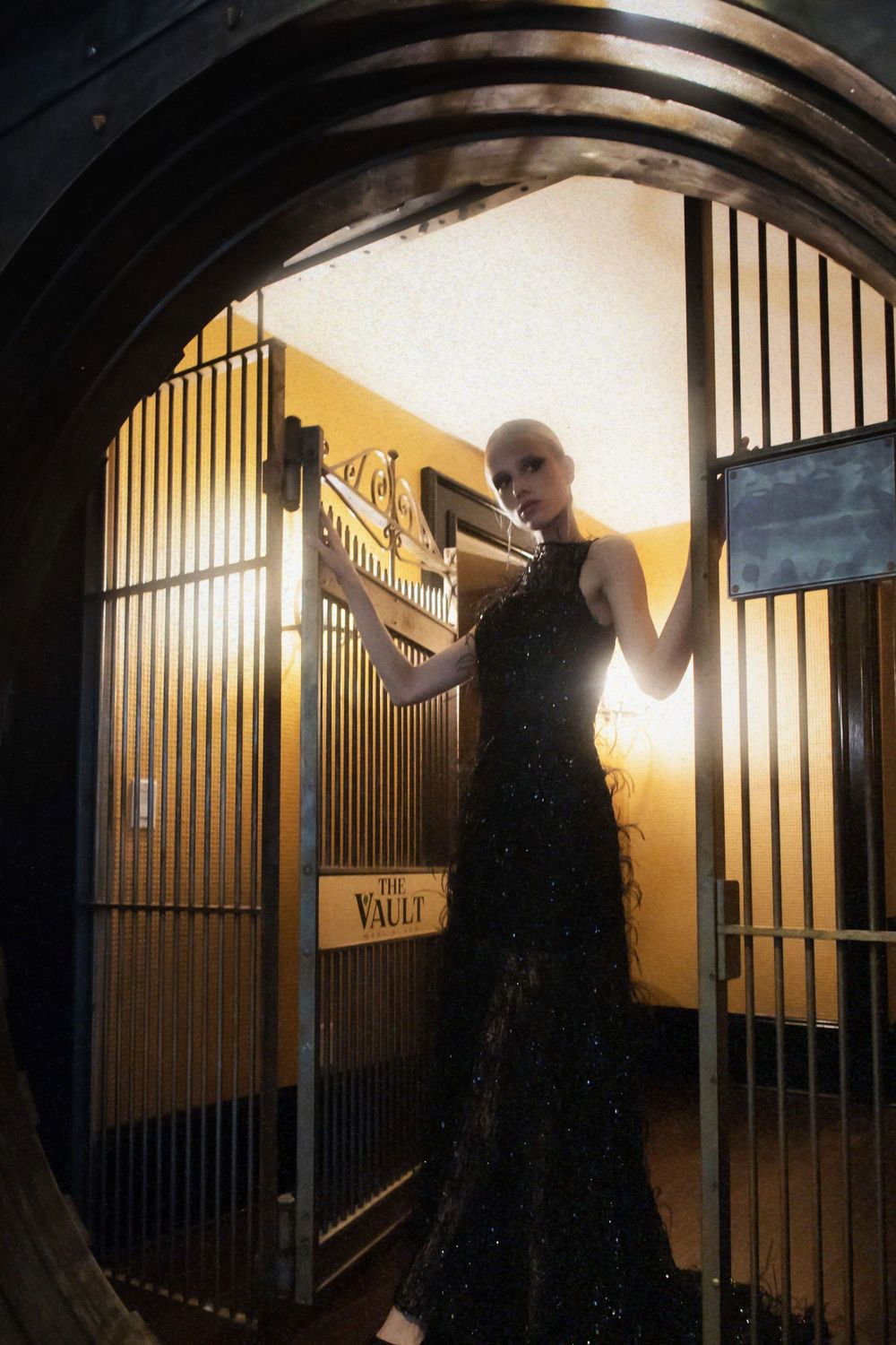 A dramatic backlit silhouette in a black evening gown poses by a gilded gate in an ornate interior space.