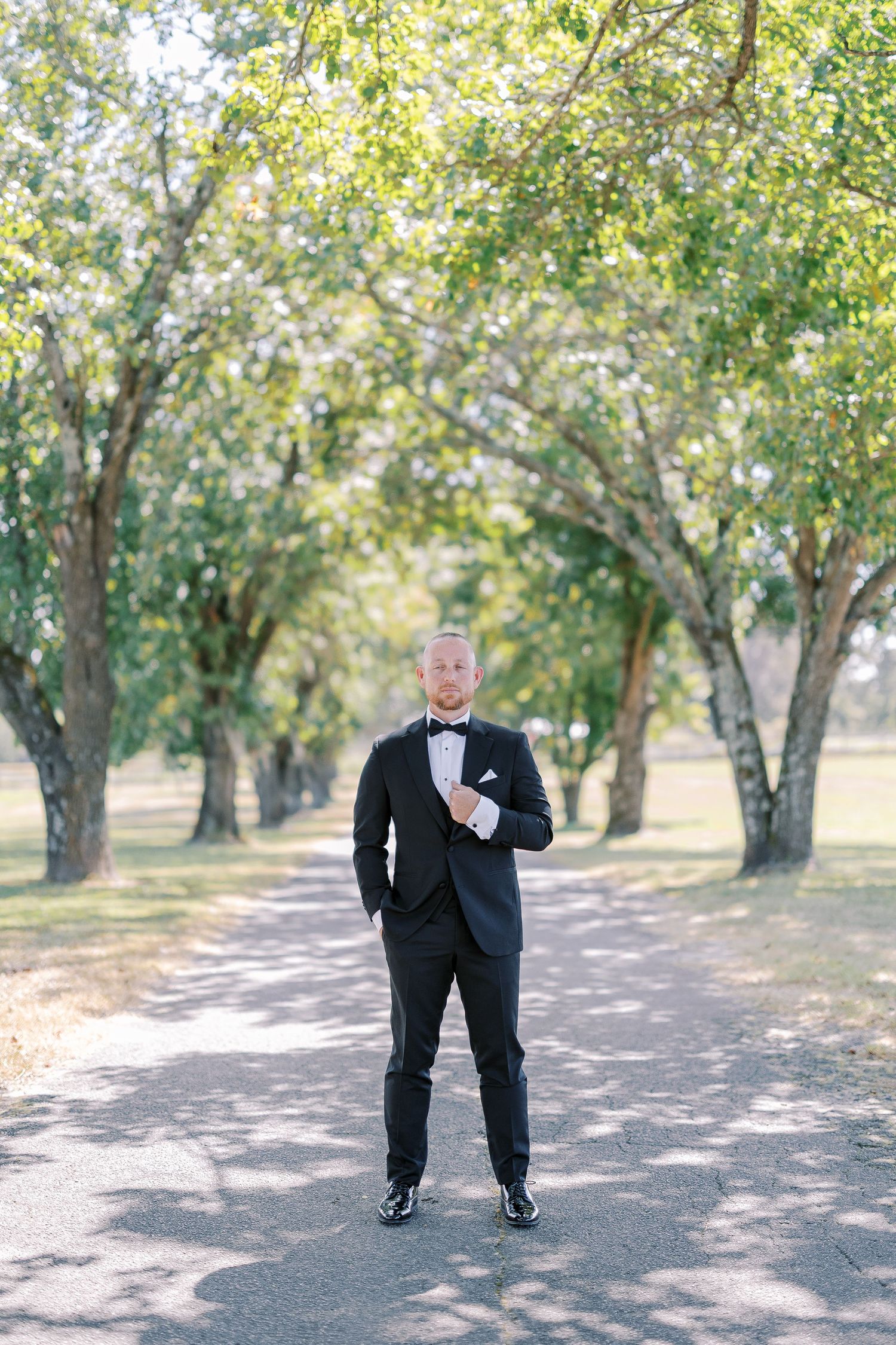 A charming sequence of five shots showing a groom walking along a tree-lined path in late summer sunshine.