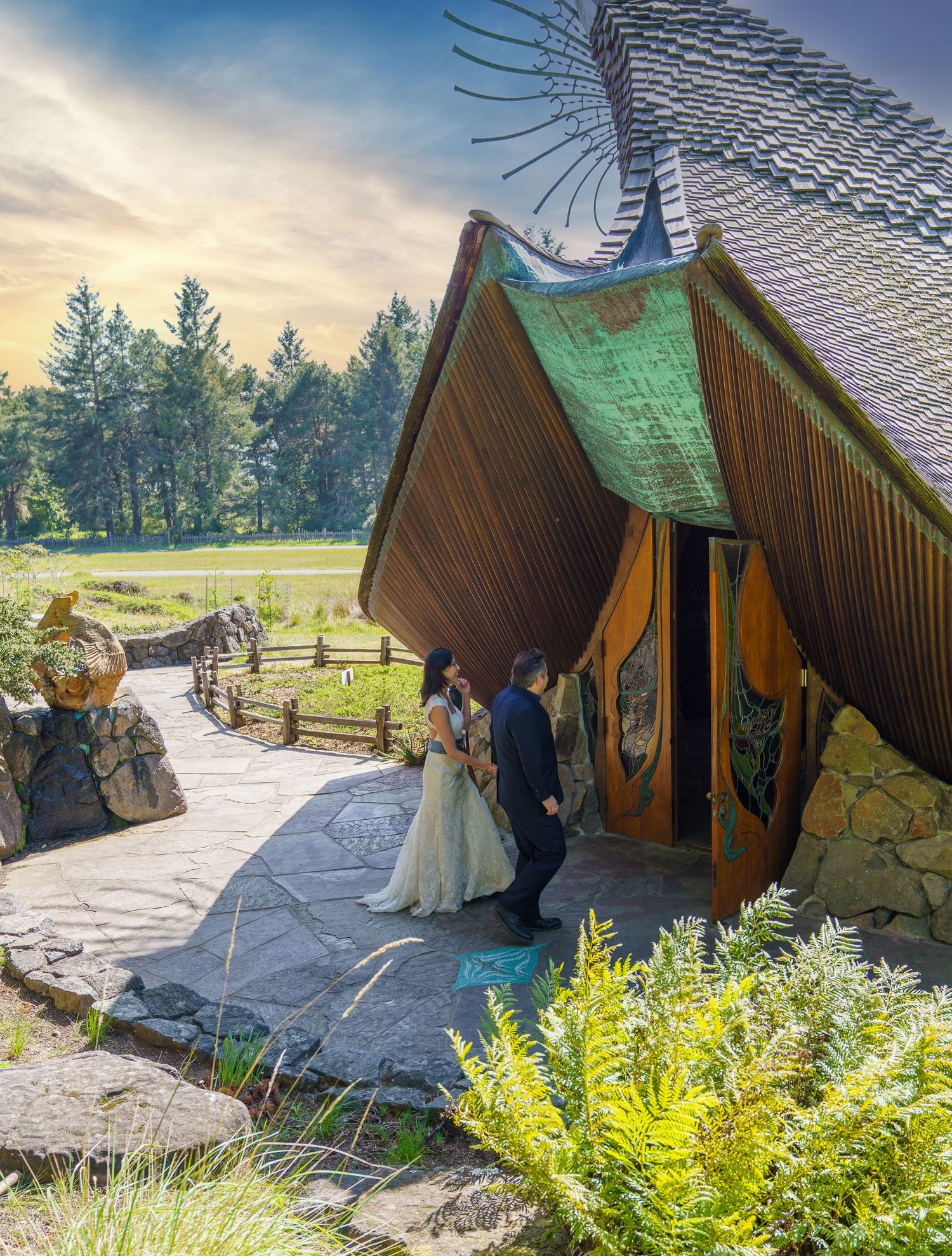 A bride and groom entering the Sea Ranch Chapel on their wedding day
