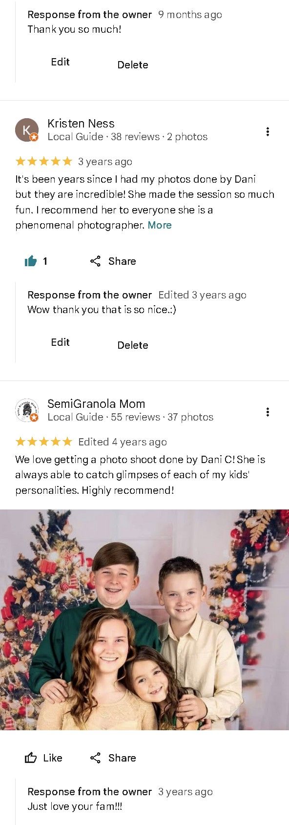 A collection of positive customer reviews and testimonials for photography services with sample photos displayed.