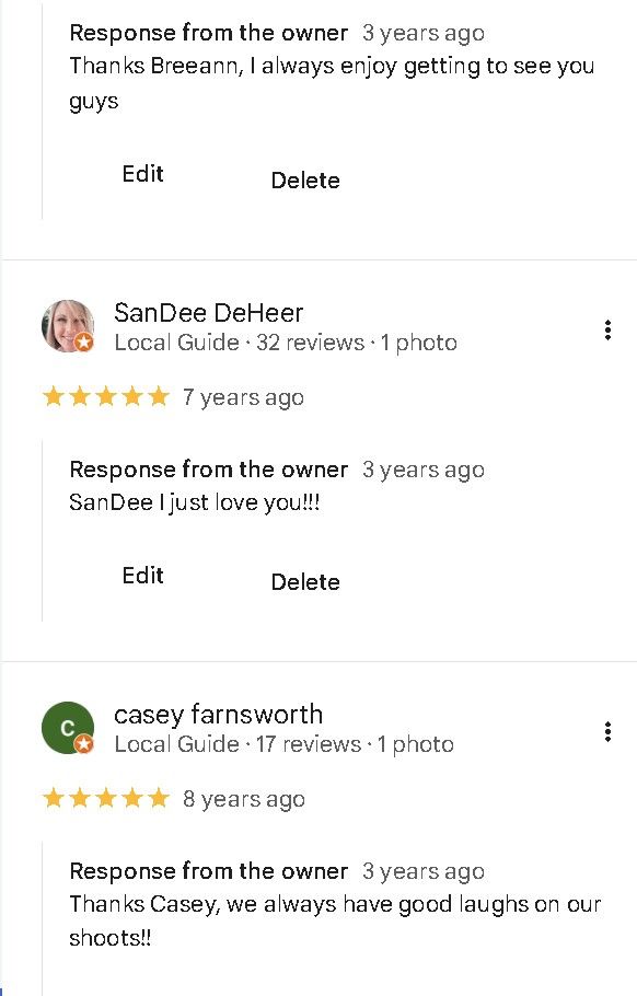 A screenshot of business reviews showing positive feedback and owner responses on a review platform.