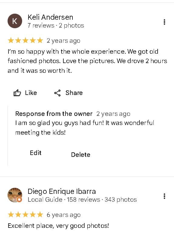 A screenshot of positive customer reviews and ratings from a business profile showing 5-star feedback.