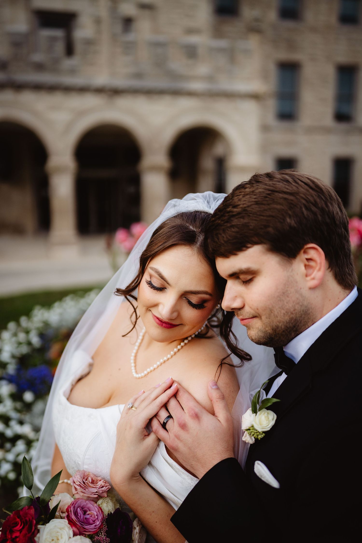 A romantic wedding photo sequence showing intimate moments between newlyweds in elegant formal attire.