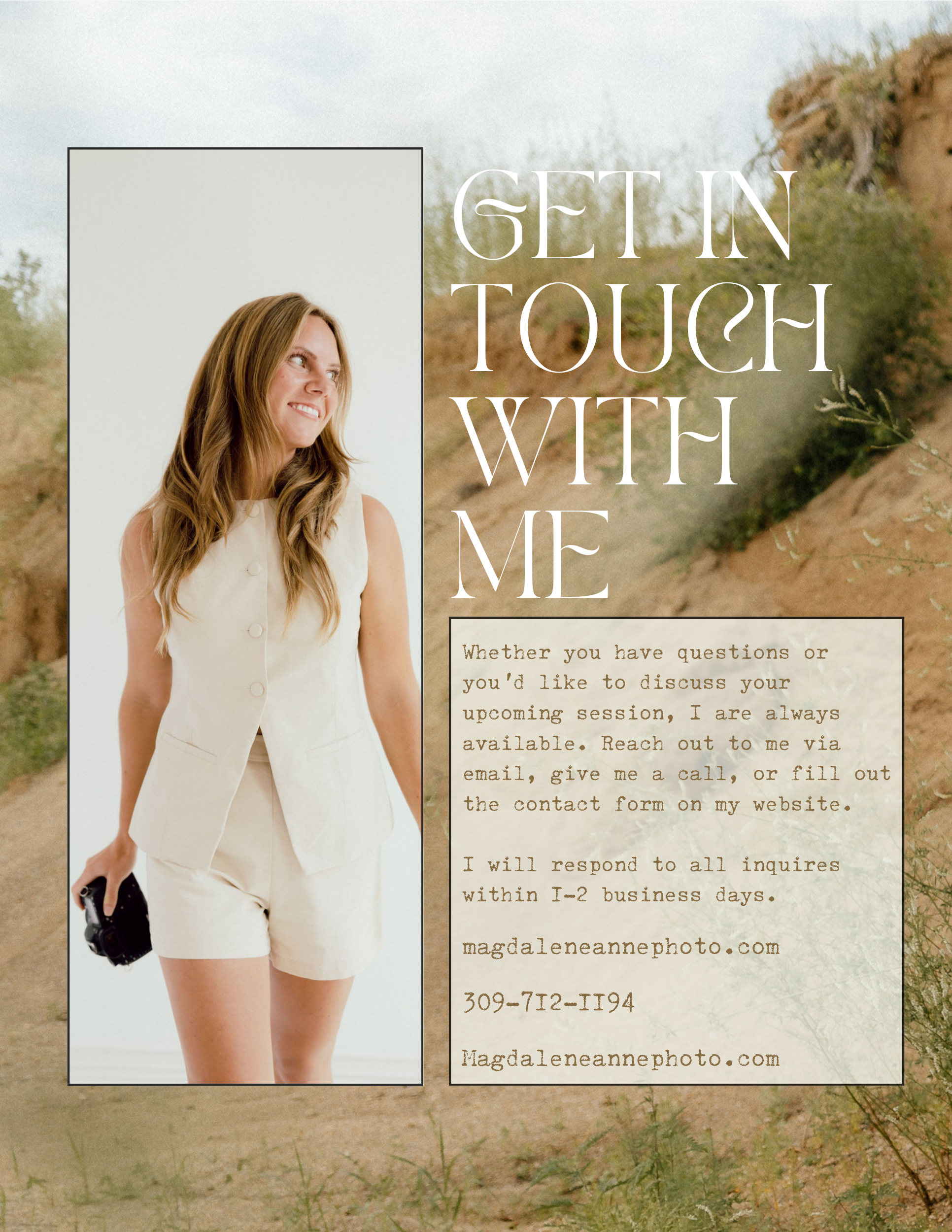 A series of minimalist beige photography brand website images with text overlays in a cohesive neutral color palette.