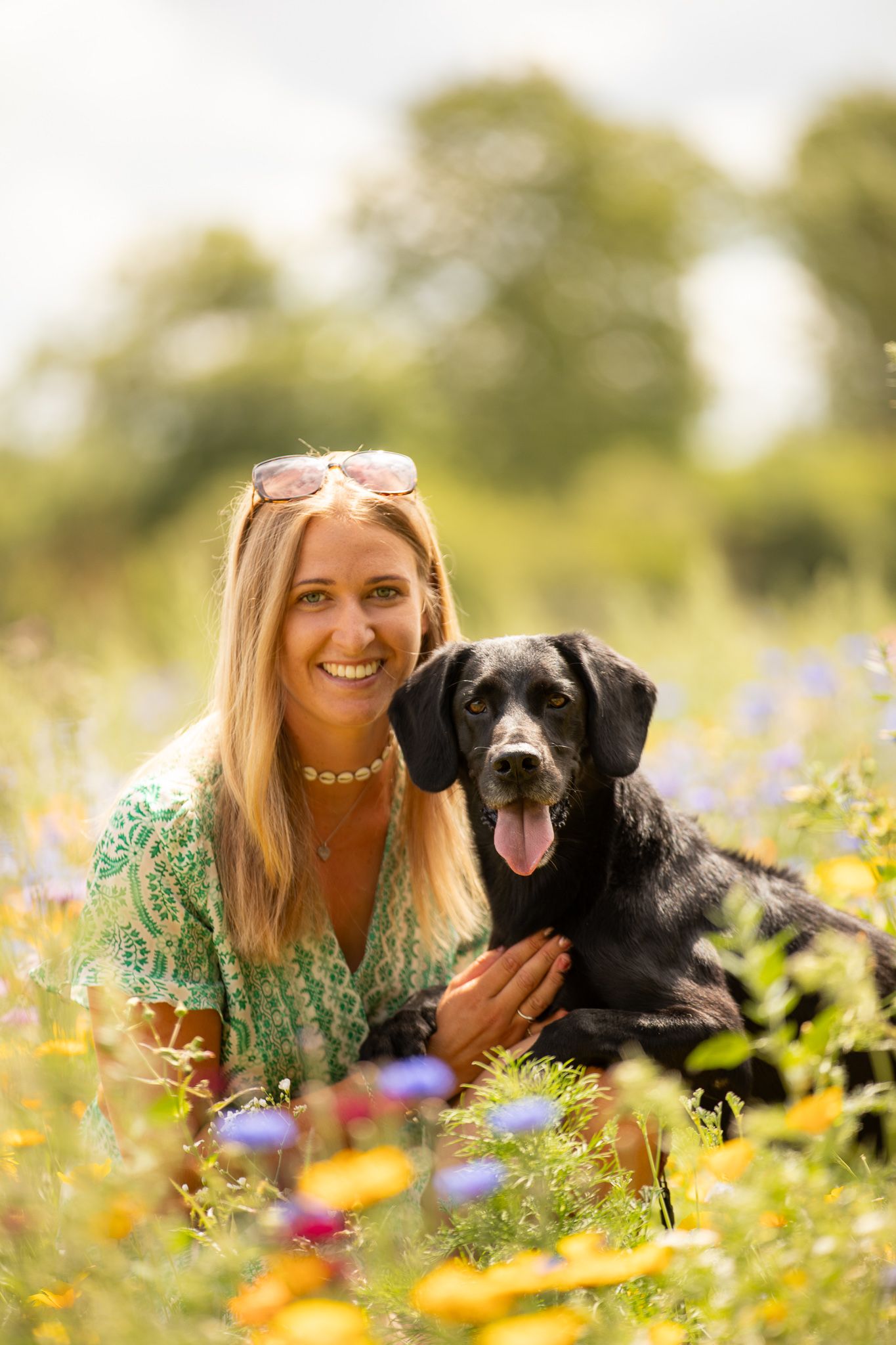 A brown horse and person stand together in a woodland clearing filled with blooming bluebells.